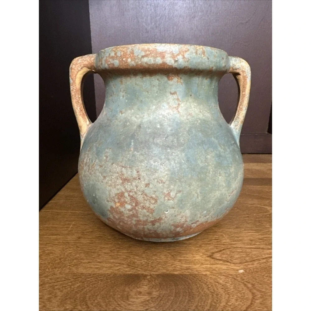 Burley Winter Pottery Vase Green Mottled Glaze Double Handle Antique 1930's #54